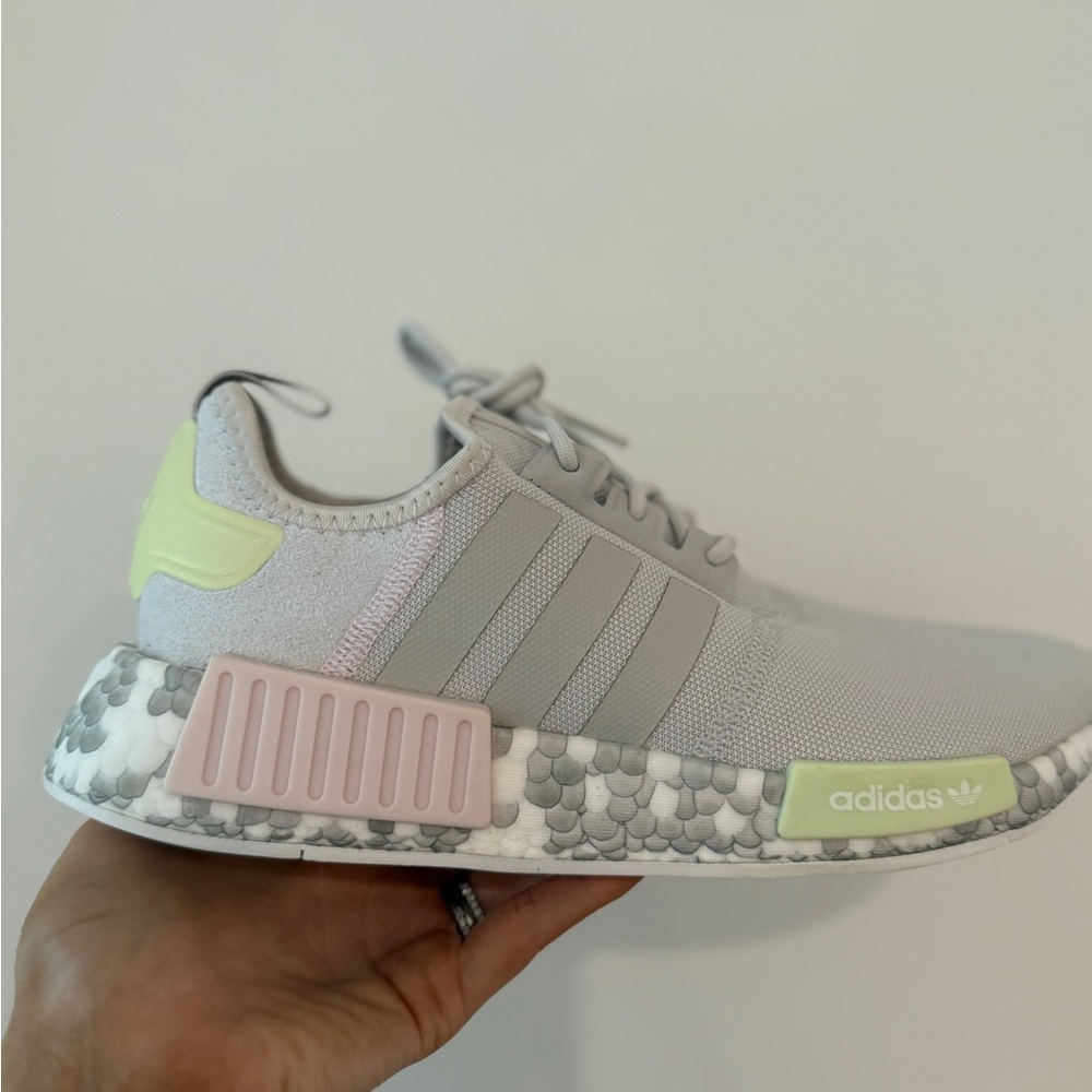 Adidas Gray Sneakers with Pink and Green Accents
